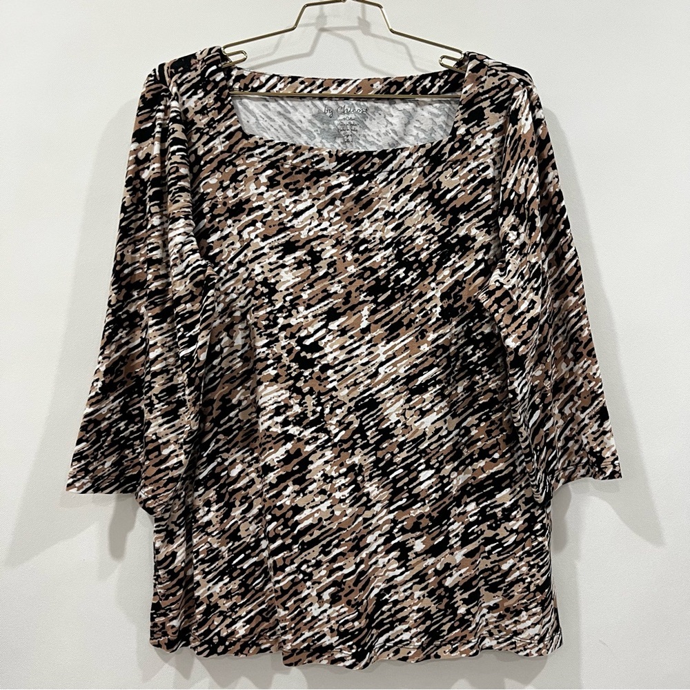 Chico's Animal Print Blouse Square Neck 100% Cotton Sz 4 Black/Brown 3/4 Sleeve